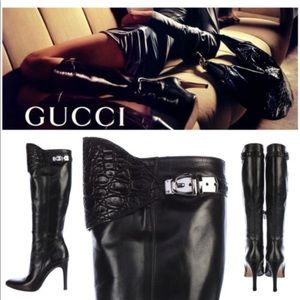 Gucci Knee High Black Leather Stiletto Boots